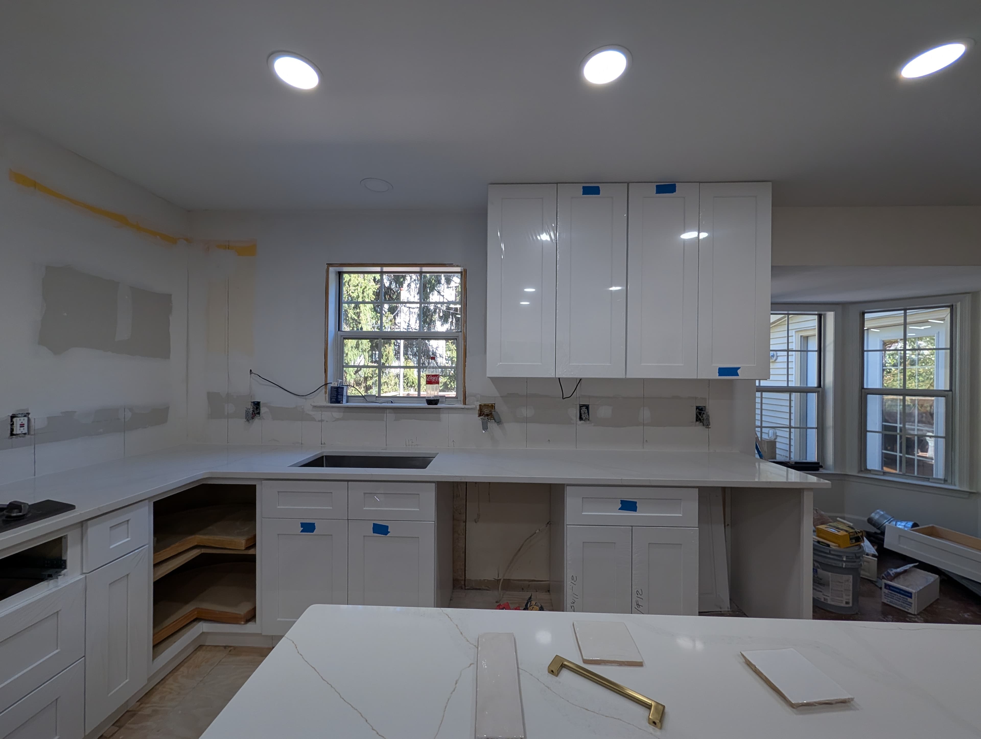 New Herndon kitchen in progress (second project), quartz countertop slab with a corner lazy-susan cabinet